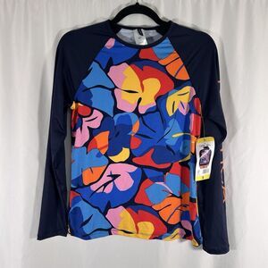 New Nautica Swim Top Women's Small Blue Floral Round Neck Long Sleeve UPF 30+